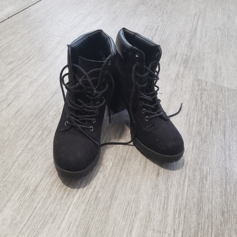 All Black Faux Suede Chunky Ankle Boots W8